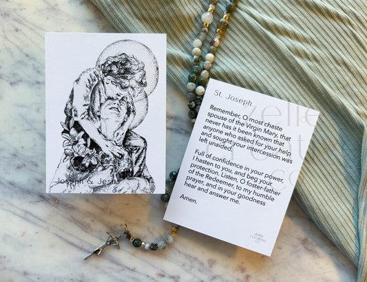 Saint Joseph and Jesus Catholic Holy Card – 3x4 Prayer Card with Original Illustrated Art & Memorare to Mary | Spiritual Fatherhood | Prayer Ring or Gift