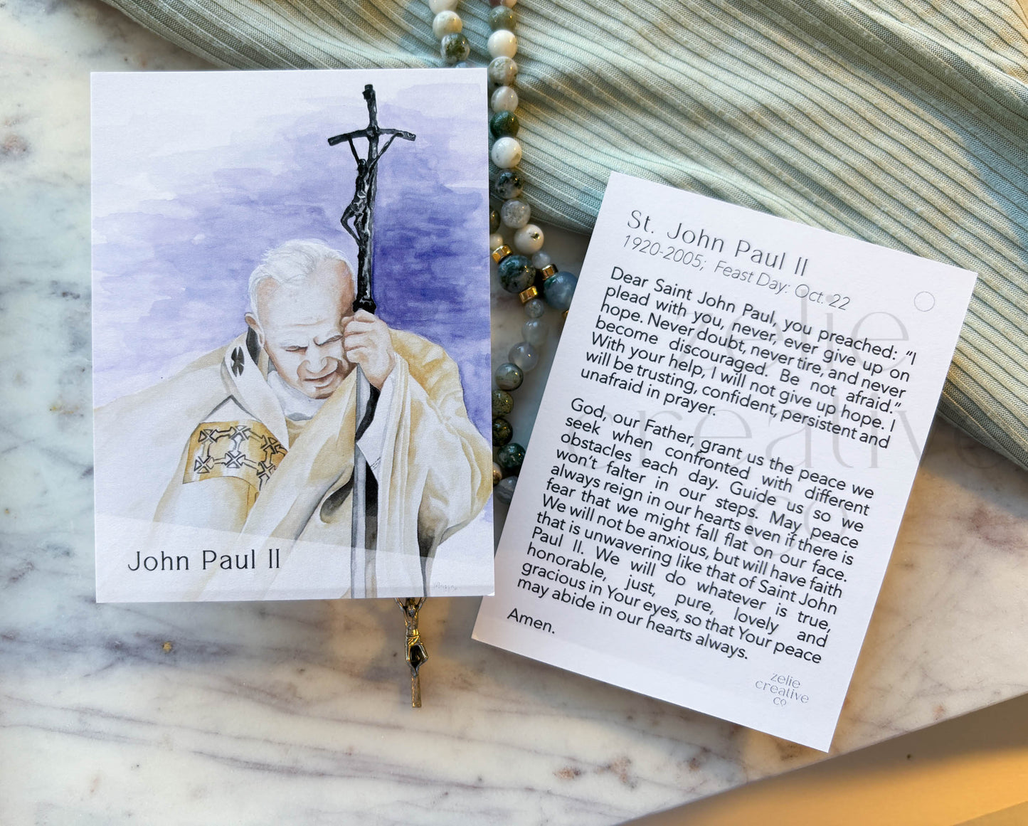 St. John Paul II Catholic Holy Card – 3x4 Prayer Card with Original Watercolor Art & Unique Prayer | Be Not Afraid | Prayer Ring or Gift