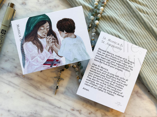Saints Monica and Augustine Catholic Holy Card – 3x4 Prayer Card with Original Watercolor Art & Unique Prayer | Conversion & Hope | Prayer Ring or Gift