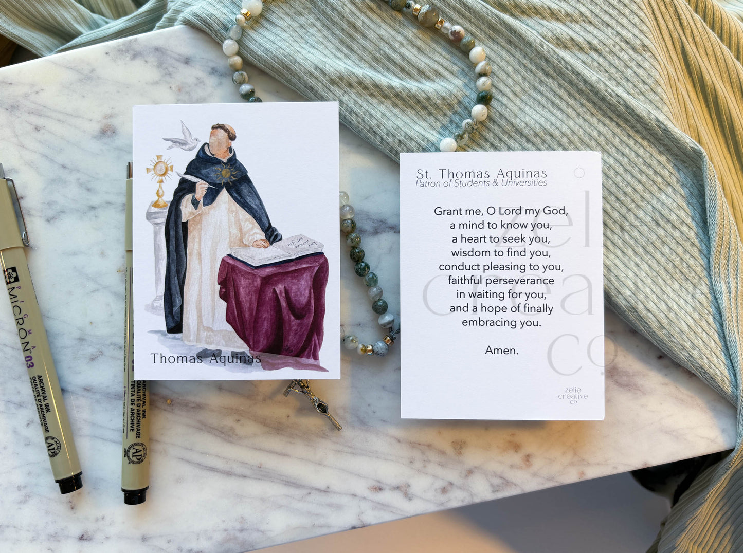 St. Thomas Aquinas Catholic Holy Card – 3x4 Prayer Card with Original Watercolor Art & Unique Prayer | Wisdom & Truth | Prayer Ring or Gift