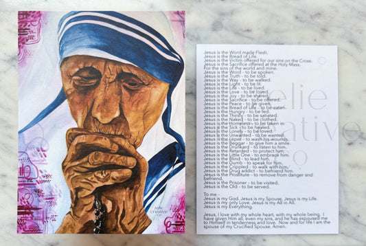 St. Mother Teresa Catholic Holy Card – 3x4 Prayer Card with Watercolor Artwork & Prayer