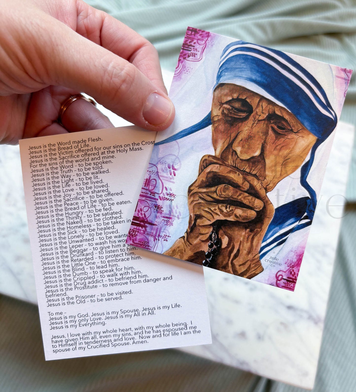 St. Mother Teresa Catholic Holy Card – 3x4 Prayer Card with Watercolor Artwork & Prayer