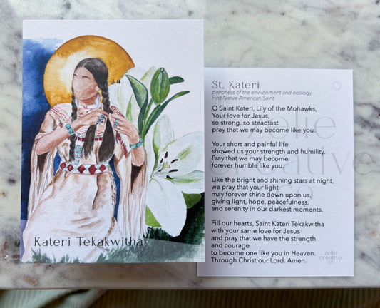 St. Kateri Tekakwitha Catholic Holy Card – 3x4 Prayer Card with Original Watercolor Art & Unique Prayer | Lily of the Mohawks | Prayer Ring or Gift