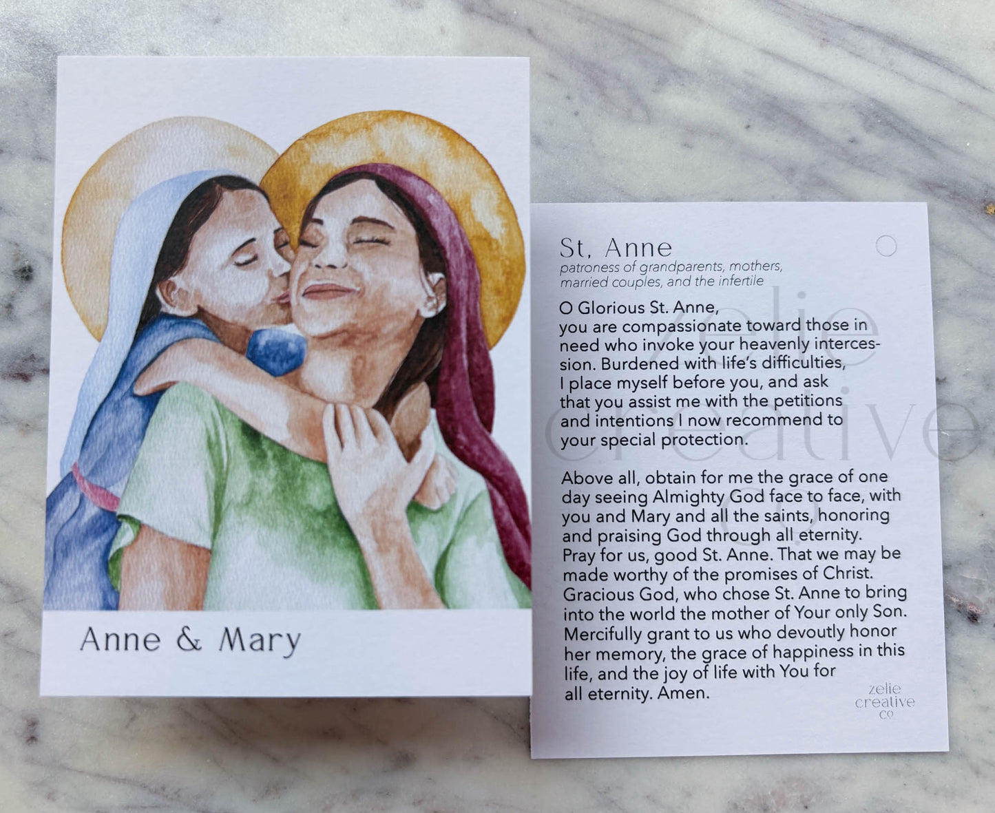 Saint Anne and Young Mary Catholic Holy Card – 3x4 Prayer Card with Original Watercolor Art & Unique Prayer | Marian Roots | Prayer Ring or Gift