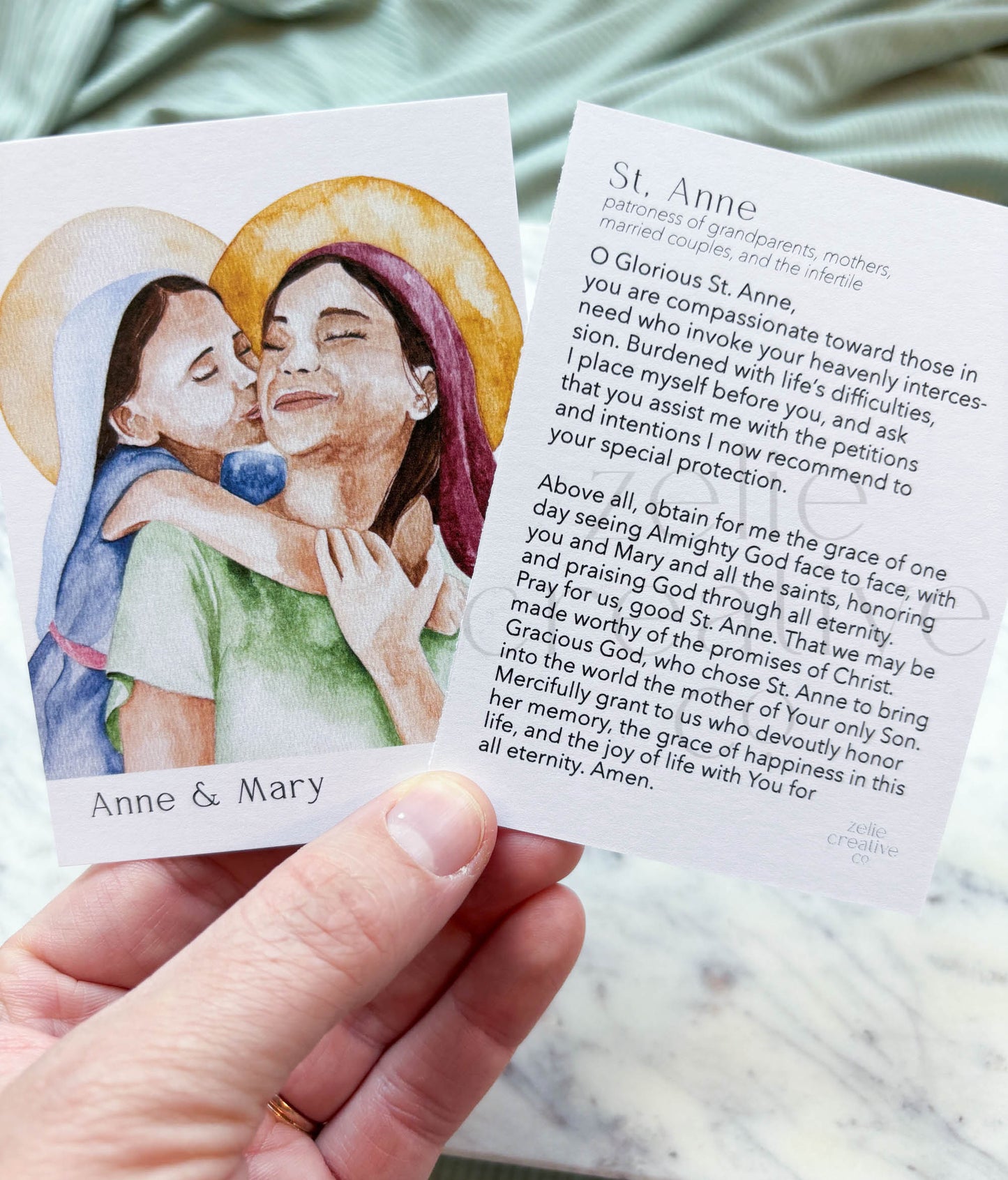 Saint Anne and Young Mary Catholic Holy Card – 3x4 Prayer Card with Original Watercolor Art & Unique Prayer | Marian Roots | Prayer Ring or Gift