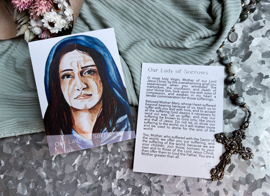 Our Lady of Sorrows Catholic Holy Card – 3x4 Prayer Card with Original Watercolor Art & Unique Prayer | Marian Devotion | Prayer Ring or Gift