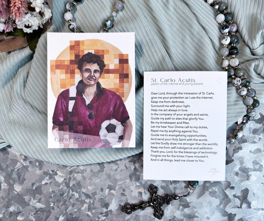 Blessed Carlo Acutis Catholic Holy Card – 3x4 Prayer Card with Original Watercolor Art & Unique Prayer | Saint Card for Prayer Ring or Gift