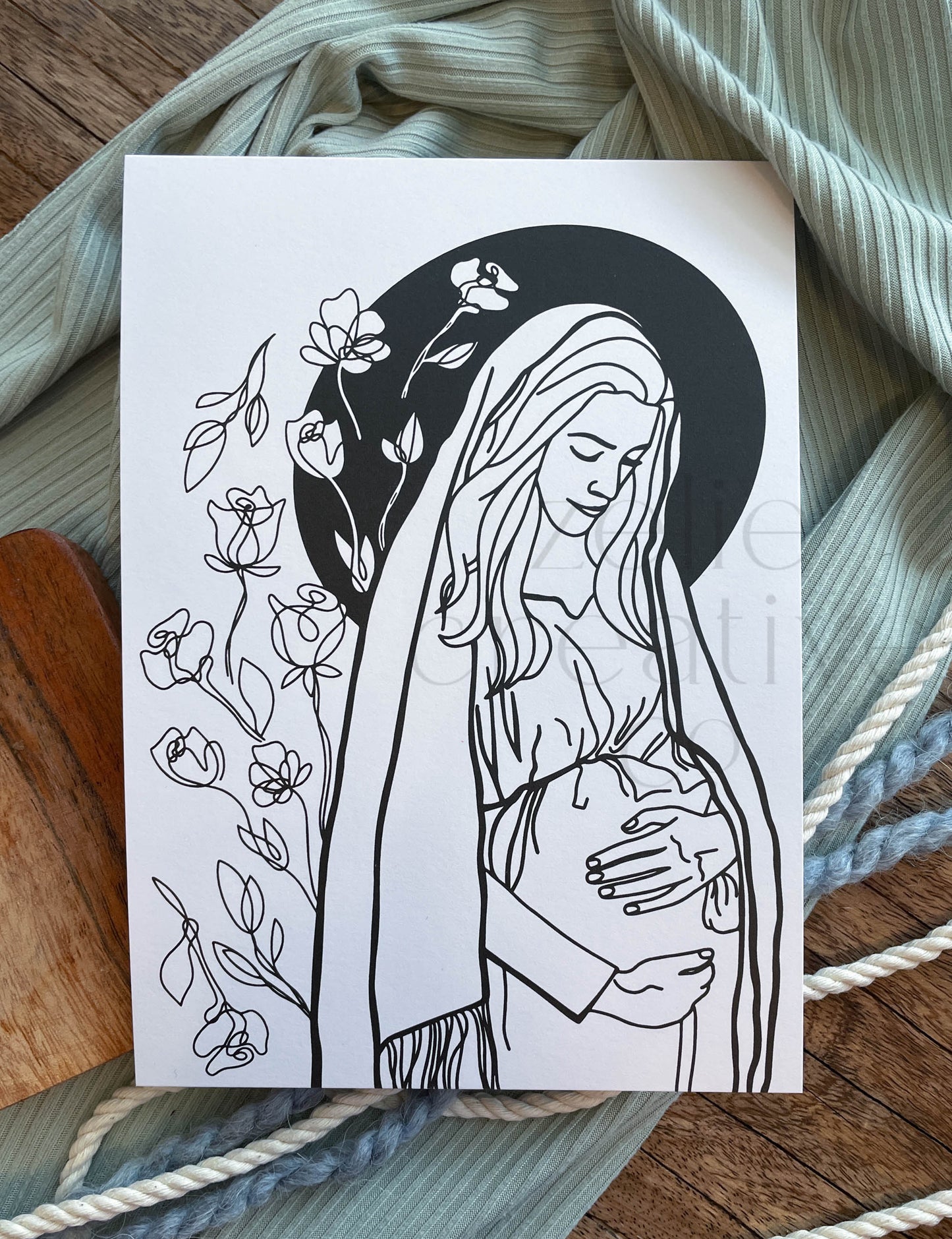 Mama Mary Florals, Black and White | Print