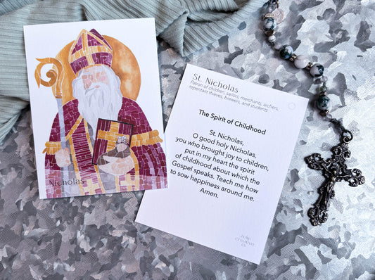 St. Nicholas Catholic Holy Card – 3x4 Prayer Card with Original Watercolor Art & Unique Prayer | Patron of Children | Prayer Ring or Gift