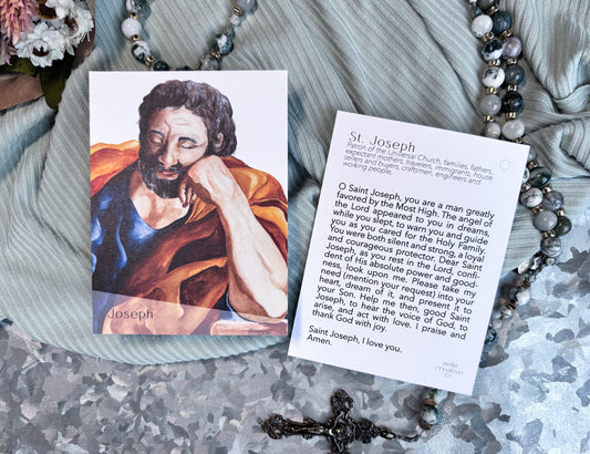 St. Joseph Catholic Holy Card – 3x4 Prayer Card with Original Watercolor Art & Unique Prayer | Saint Joseph Contemplating | Prayer Ring or Gift