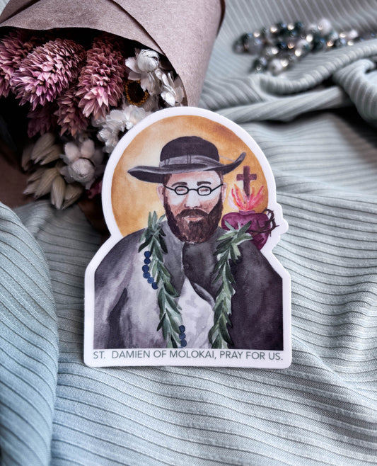 St. Damien of Molokai Catholic Sticker – Waterproof Vinyl Saint Sticker for Water Bottles, Laptops, Journals | Modern Evangelization