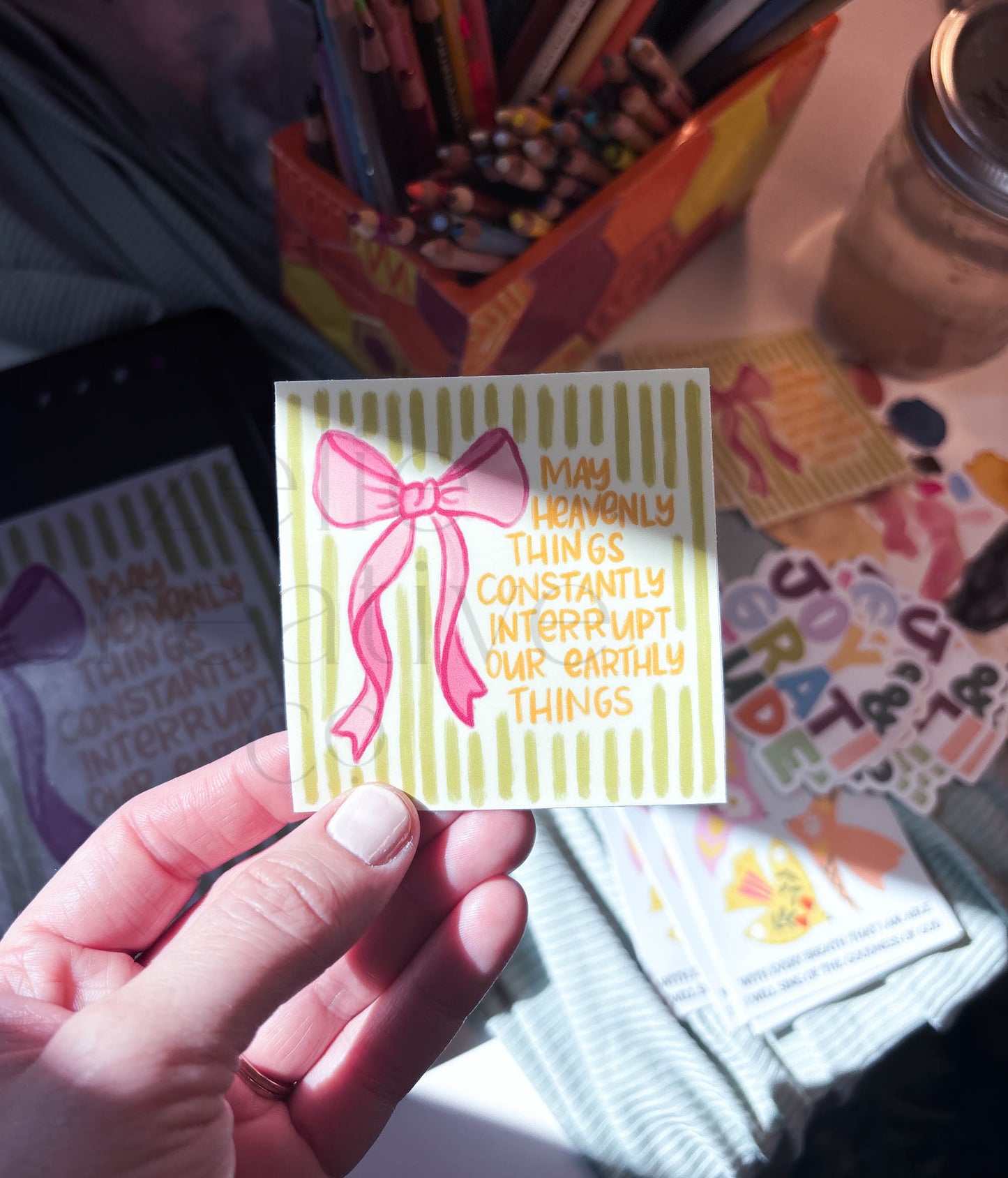 My Heavenly Things Constantly Interrupt Our Earthly Things, Pink Girly Bow Catholic Christian  |  Sticker