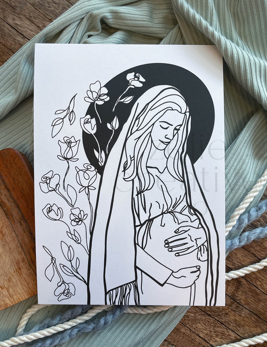 Mama Mary Florals, Black and White  |  Print